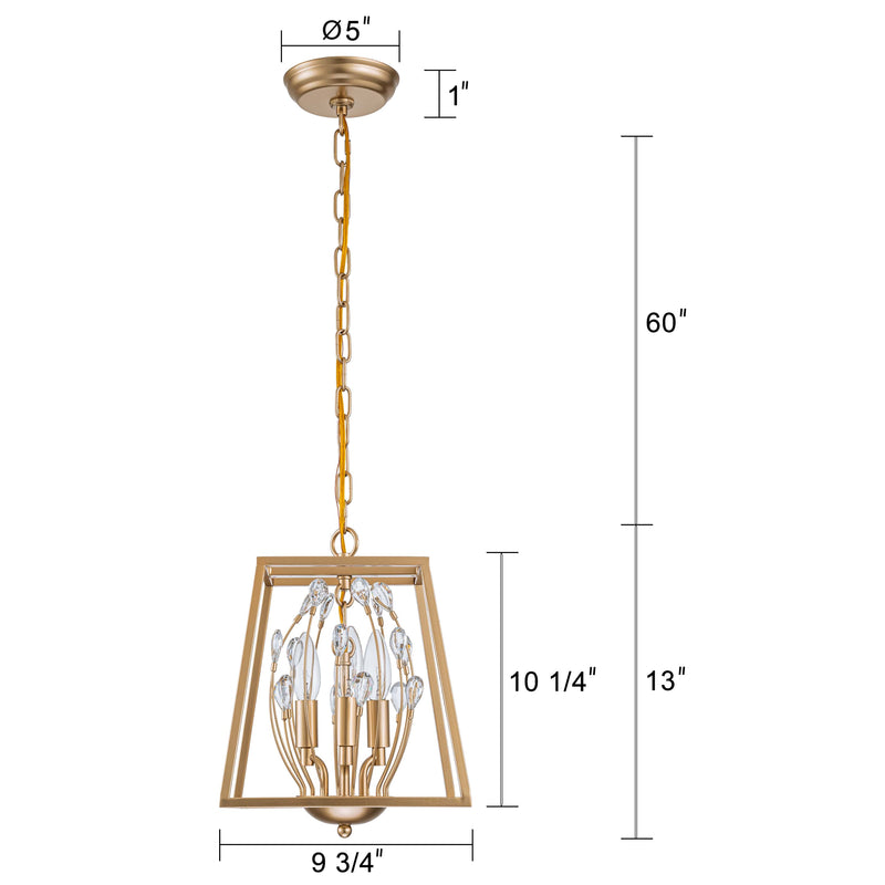 3-Light 9.75in Gold Foyer Pendant Light with Clear Crystals