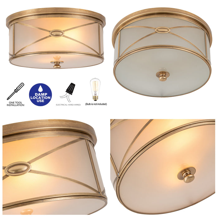 2-Light Brass Flush Mount with Frosted Glass