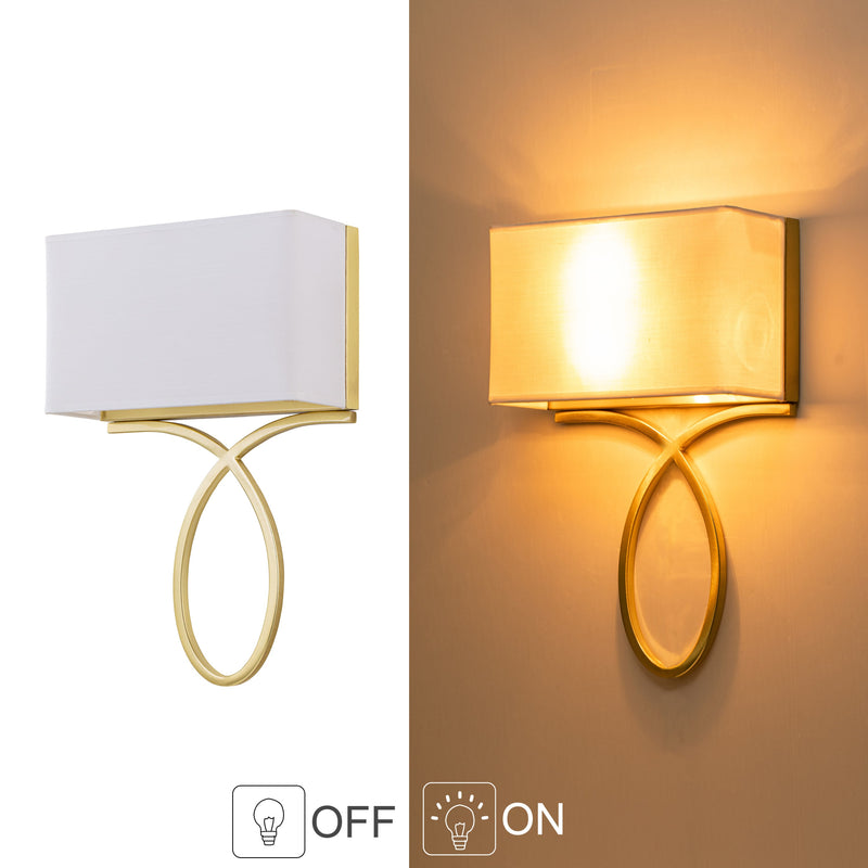 2 light Gold Plug-in and Hardwired Wall Sconce with White Linen Shade