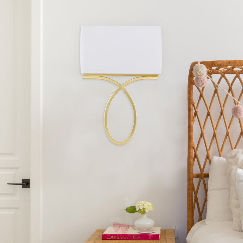 2 light Gold Plug-in and Hardwired Wall Sconce with White Linen Shade
