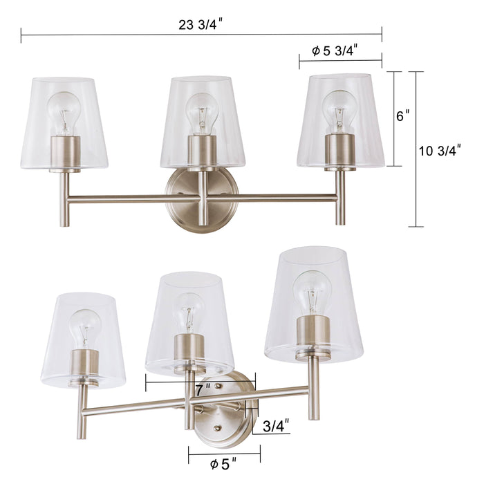 3-Light Brushed Nickel Vanity Light with Clear Glass Shade