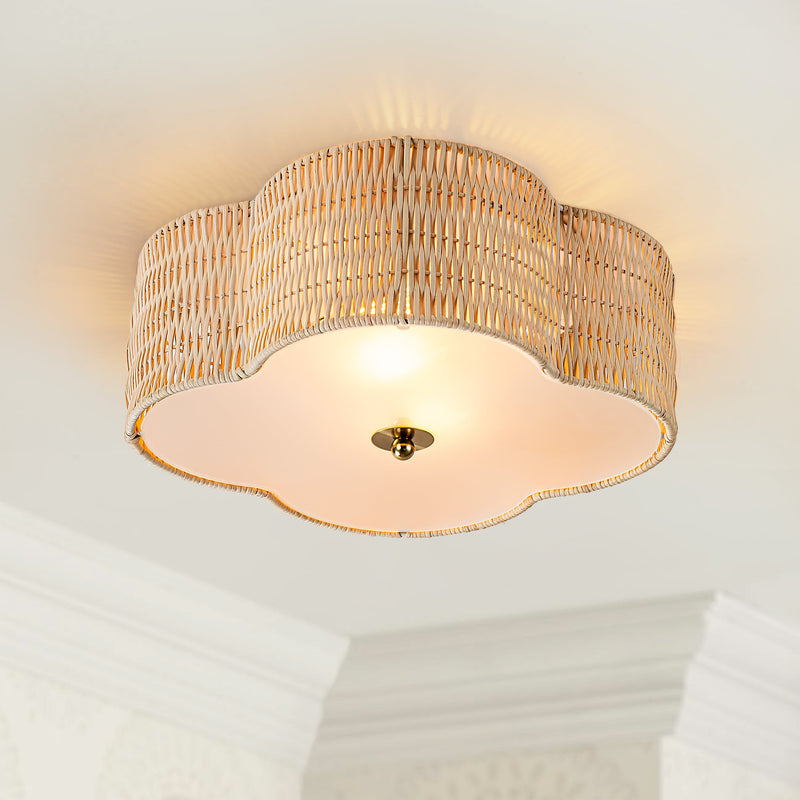2-Light Rattan Ceiling Flush Mount with Glass Bottom
