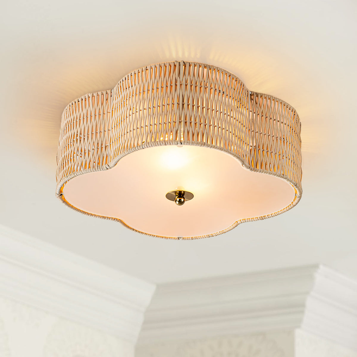 2 Light Rattan Ceiling Flush Mount with Glass Bottom cattleyalighting