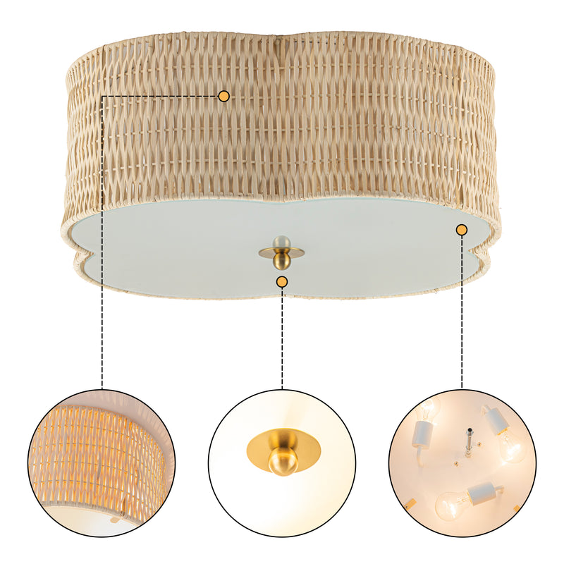 C Cattleya 20.25-Inch Farmhouse Rattan Flush Mount Ceiling Light with Glass Bottom,3-Light E26 Socket