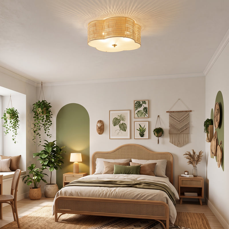 C Cattleya 20.25-Inch Farmhouse Rattan Flush Mount Ceiling Light with Glass Bottom,3-Light E26 Socket