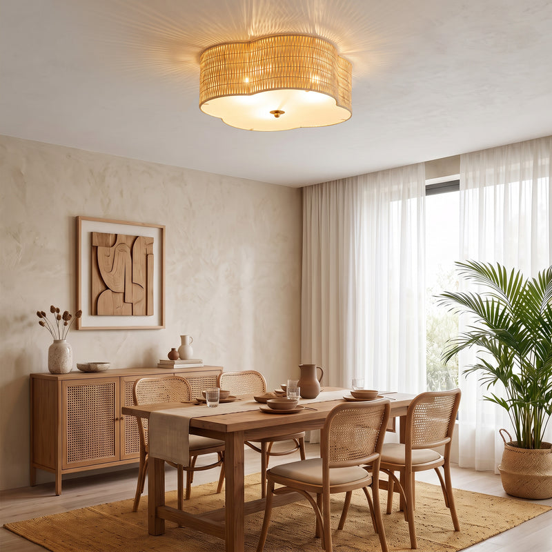 C Cattleya 20.25-Inch Farmhouse Rattan Flush Mount Ceiling Light with Glass Bottom,3-Light E26 Socket