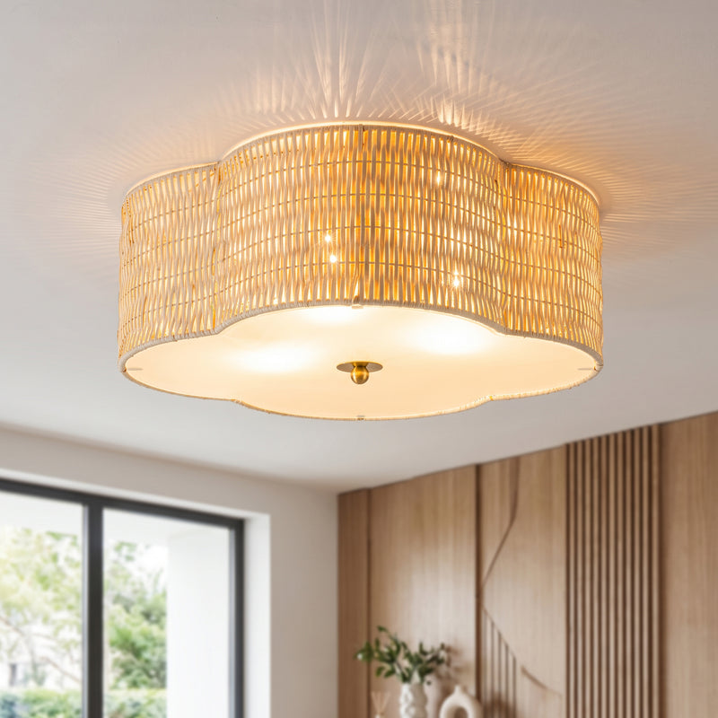C Cattleya 20.25-Inch Farmhouse Rattan Flush Mount Ceiling Light with Glass Bottom,3-Light E26 Socket