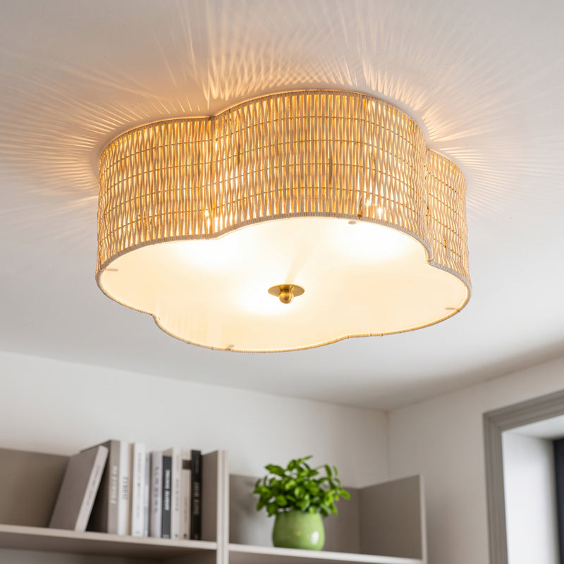 C Cattleya 20.25-Inch Farmhouse Rattan Flush Mount Ceiling Light with Glass Bottom,3-Light E26 Socket