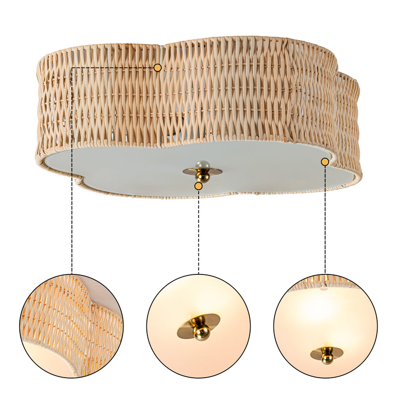 C Cattleya 13-Inch Farmhouse Rattan Flush Mount Ceiling Light with Glass Bottom,2-Light E26 Socket