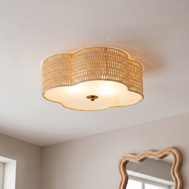 C Cattleya 13-Inch Farmhouse Rattan Flush Mount Ceiling Light with Glass Bottom,2-Light E26 Socket