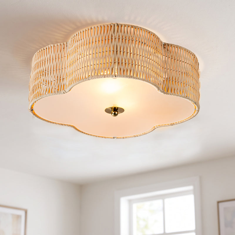 C Cattleya 13-Inch Farmhouse Rattan Flush Mount Ceiling Light with Glass Bottom,2-Light E26 Socket