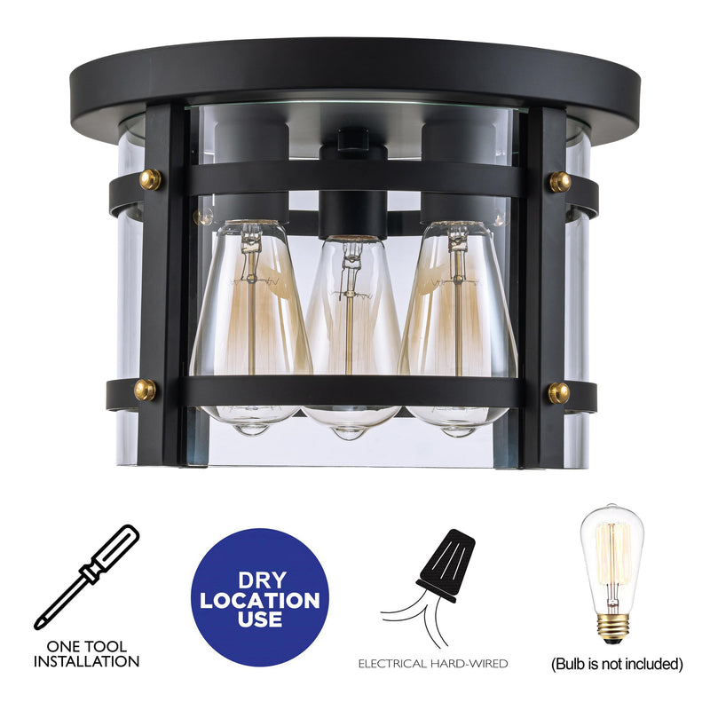 3-Light Black Flush Mount Light with Gold Accent and Clear Glass Shade