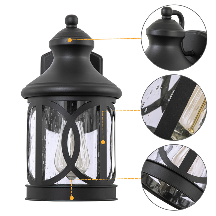 1-Light Matte Black Outdoor Wall Sconce with Seeded Glass Shade