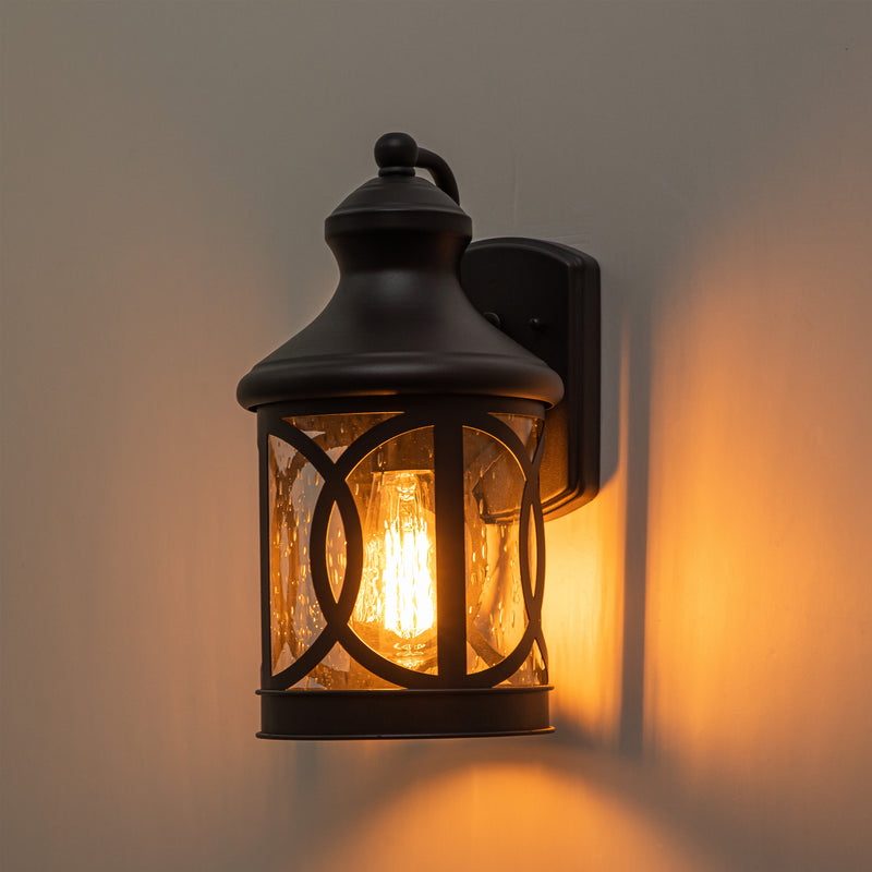 1-Light Matte Black Outdoor Wall Sconce with Seeded Glass Shade