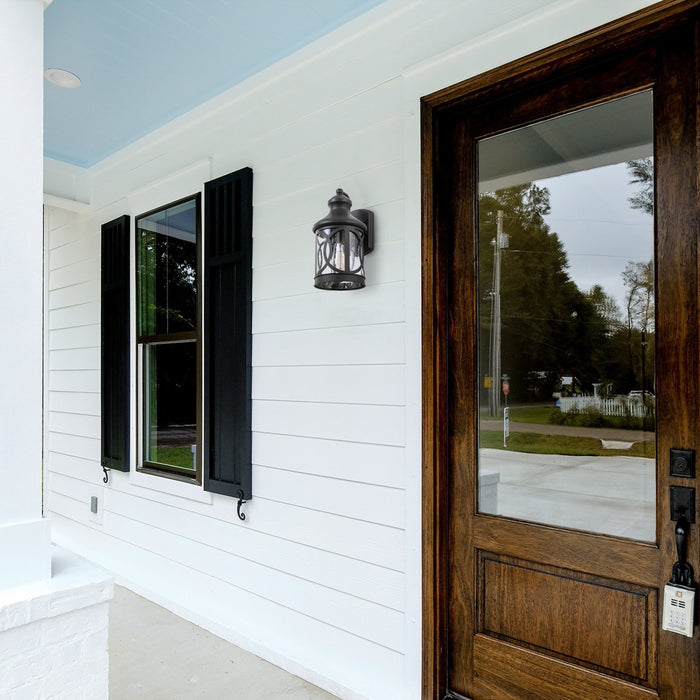 1-Light Matte Black Outdoor Wall Sconce with Seeded Glass Shade