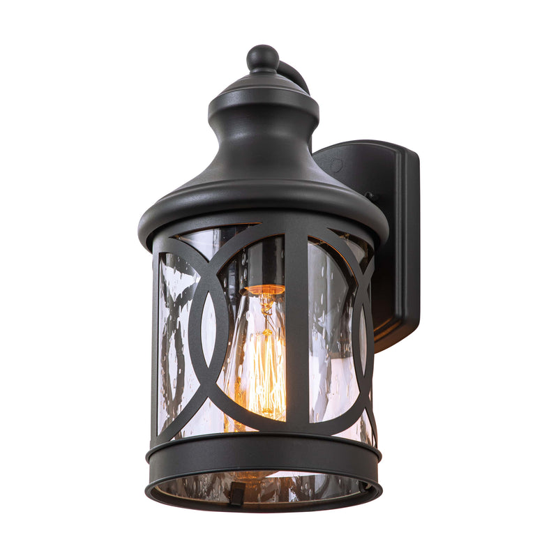 1-Light Matte Black Outdoor Wall Sconce with Seeded Glass Shade
