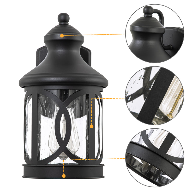 1-Light Matte Black Outdoor Wall Sconce with Seeded Glass Shade
