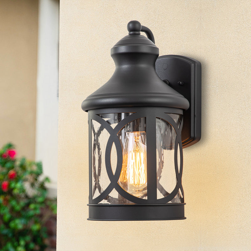 1-Light Matte Black Outdoor Wall Sconce with Seeded Glass Shade