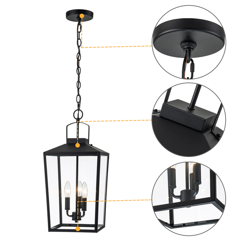 3-Light Black Outdoor Pendant Light with Glass Shade