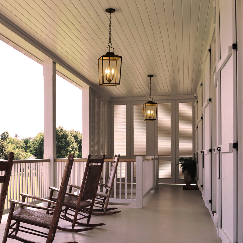3-Light Black Outdoor Pendant Light with Glass Shade