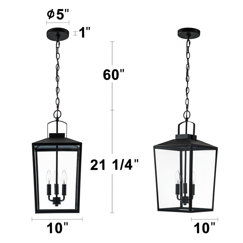 3-Light Black Outdoor Pendant Light with Glass Shade