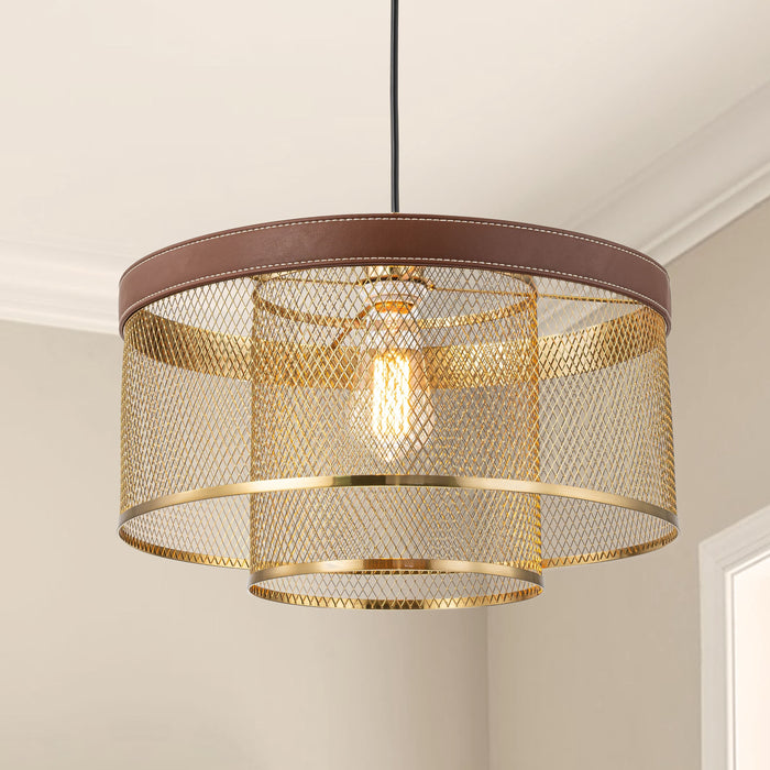 1-Light Brass Gold Mesh Pendant Light with Leather Accent