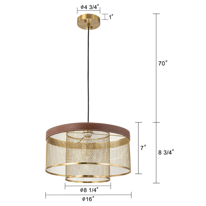 1-Light Brass Gold Mesh Pendant Light with Leather Accent