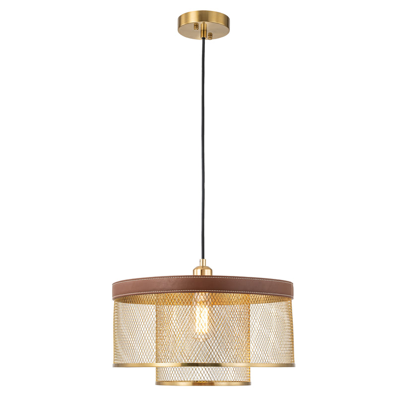 1-Light Brass Gold Mesh Pendant Light with Leather Accent