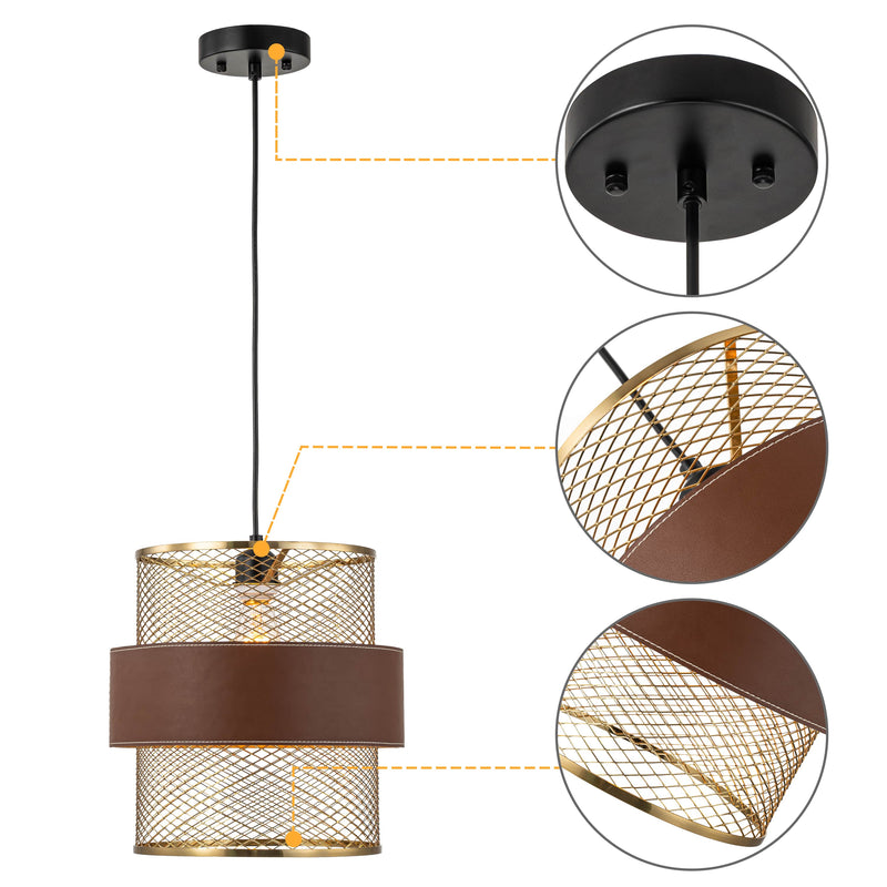 1-Light Brass Gold Mesh Pendant Light with Leather Accent