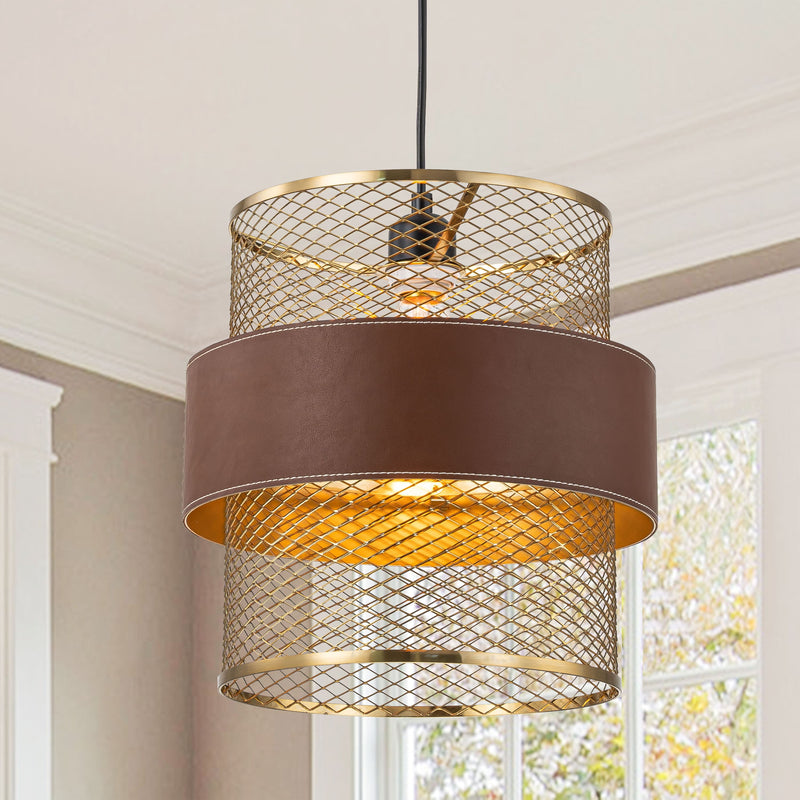 1-Light Brass Gold Mesh Pendant Light with Leather Accent