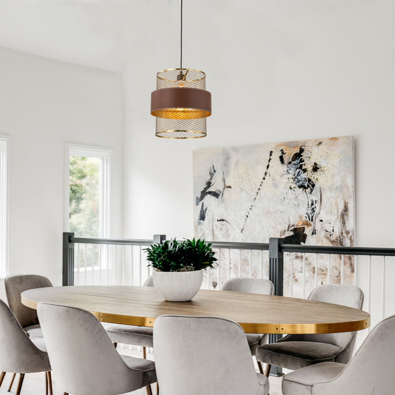 1-Light Brass Gold Mesh Pendant Light with Leather Accent
