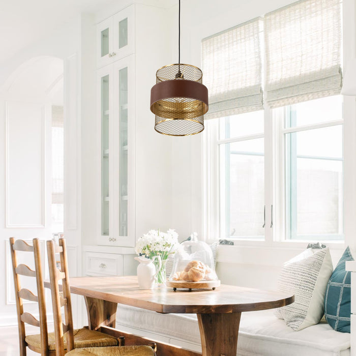 1-Light Brass Gold Mesh Pendant Light with Leather Accent