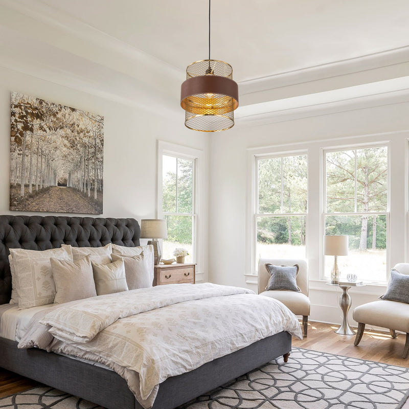 1-Light Brass Gold Mesh Pendant Light with Leather Accent