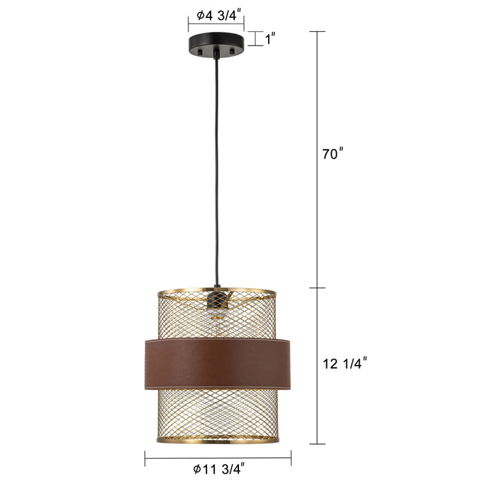 1-Light Brass Gold Mesh Pendant Light with Leather Accent