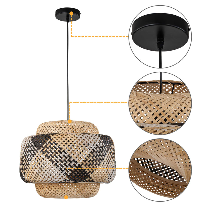 Three-tiered Black and White Hand-Woven Natural Bamboo Pendant Light