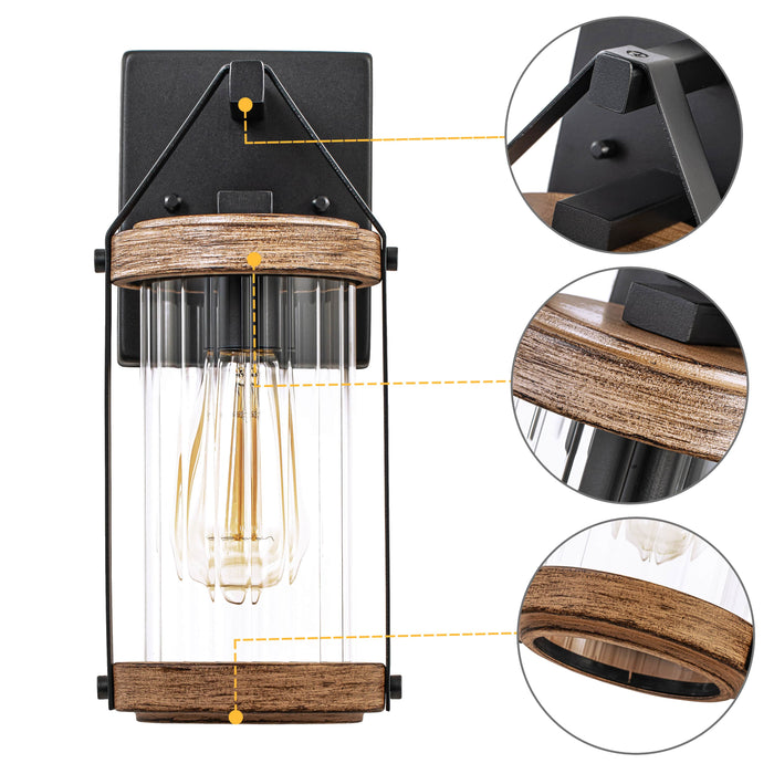 Woodgrain Outdoor Wall Lantern with Clear Strip Glass Shade(2-Pack)