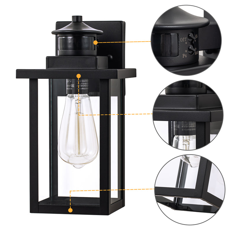 2-Pack Matte Black Motion Sensor Dusk to Dawn Outdoor Wall Sconces with Clear Glass