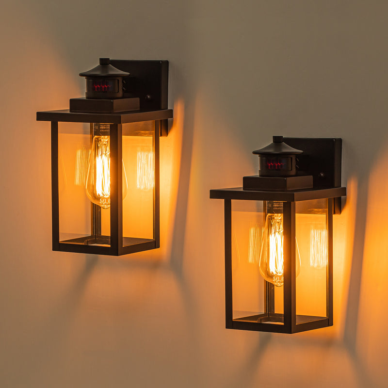 2-Pack Matte Black Motion Sensor Dusk to Dawn Outdoor Wall Sconces with Clear Glass