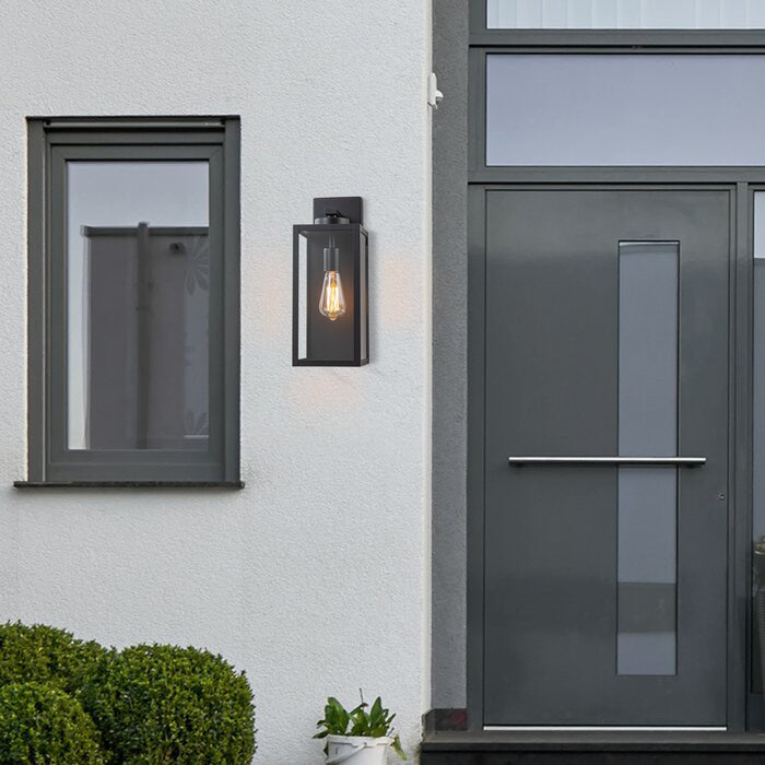 1-Light Black Outdoor Wall Lantern with Tempered Glass Panes