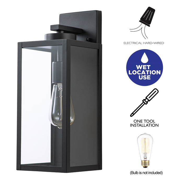 1-Light Black Outdoor Wall Lantern with Tempered Glass Panes