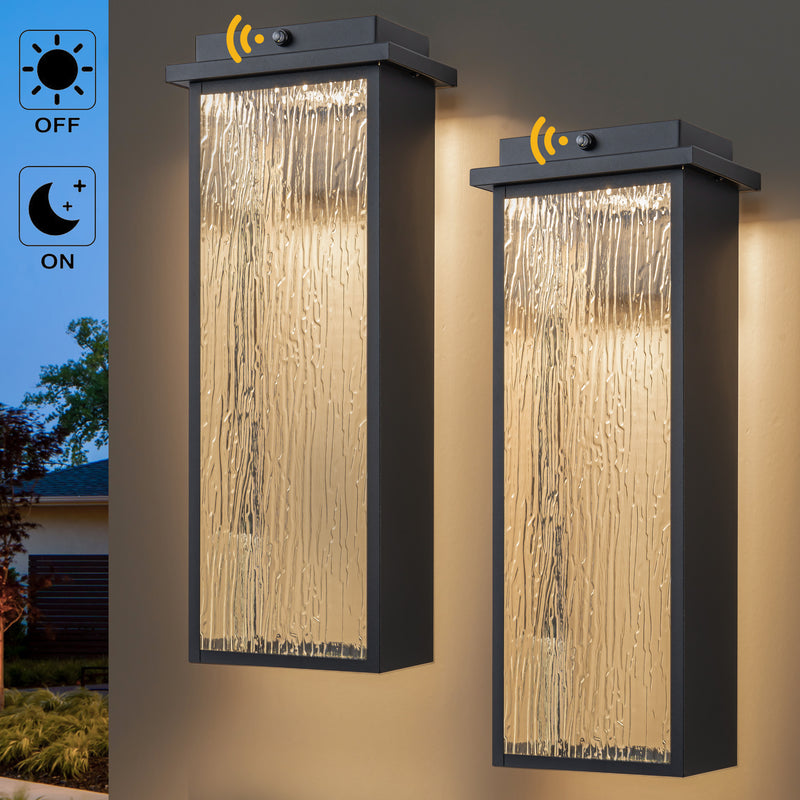 20 in. Black Dusk to Dawn LED Outdoor Wall Lantern Sconce with Tempered Ripple Glass(2-Pack)