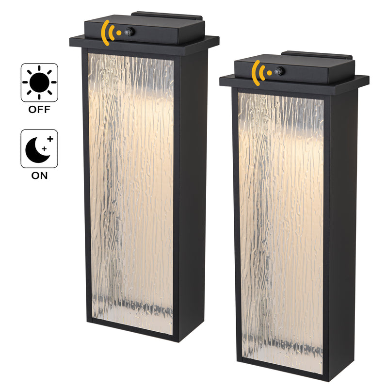 20 in. Black Dusk to Dawn LED Outdoor Wall Lantern Sconce with Tempered Ripple Glass(2-Pack)