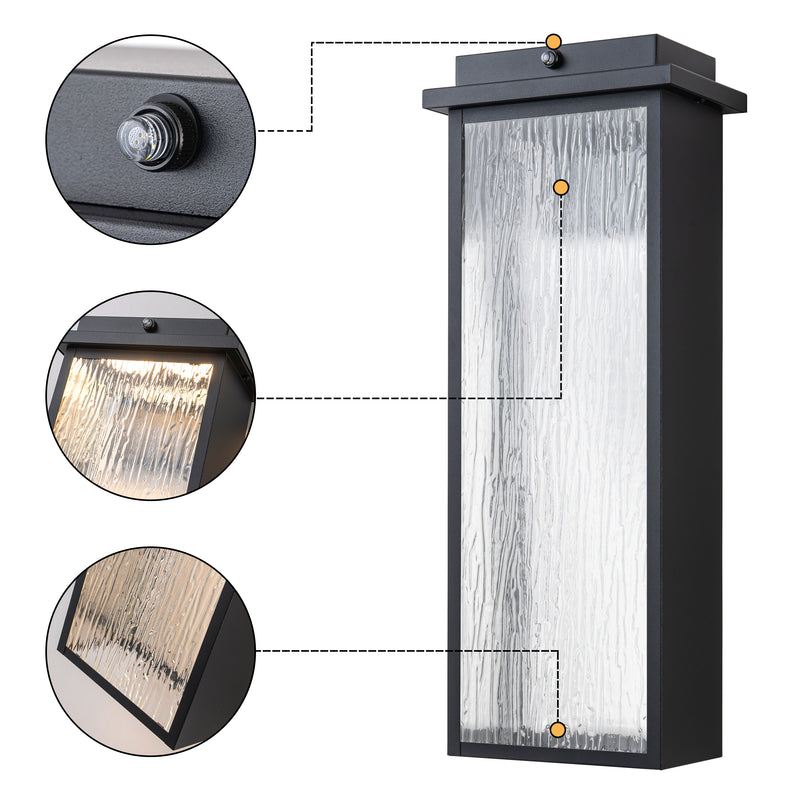 20 in. Black Dusk to Dawn LED Outdoor Wall Lantern Sconce with Tempered Ripple Glass(2-Pack)