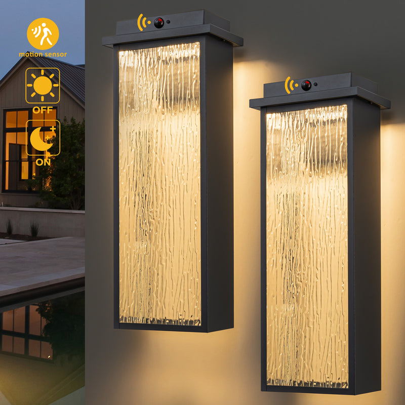 Black Motion Sensor LED Outdoor Wall Light with Ripple Glass( 2-Pack)