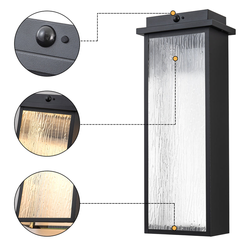 Black Motion Sensor LED Outdoor Wall Light with Ripple Glass( 2-Pack)