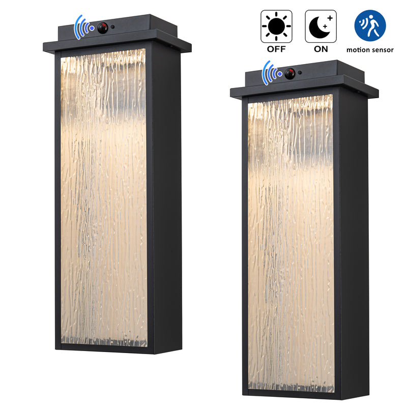 Black Motion Sensor LED Outdoor Wall Light with Ripple Glass( 2-Pack)
