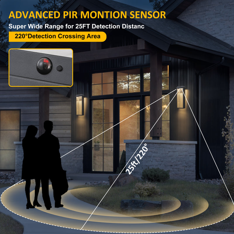 Black Motion Sensor LED Outdoor Wall Light with Ripple Glass( 2-Pack)