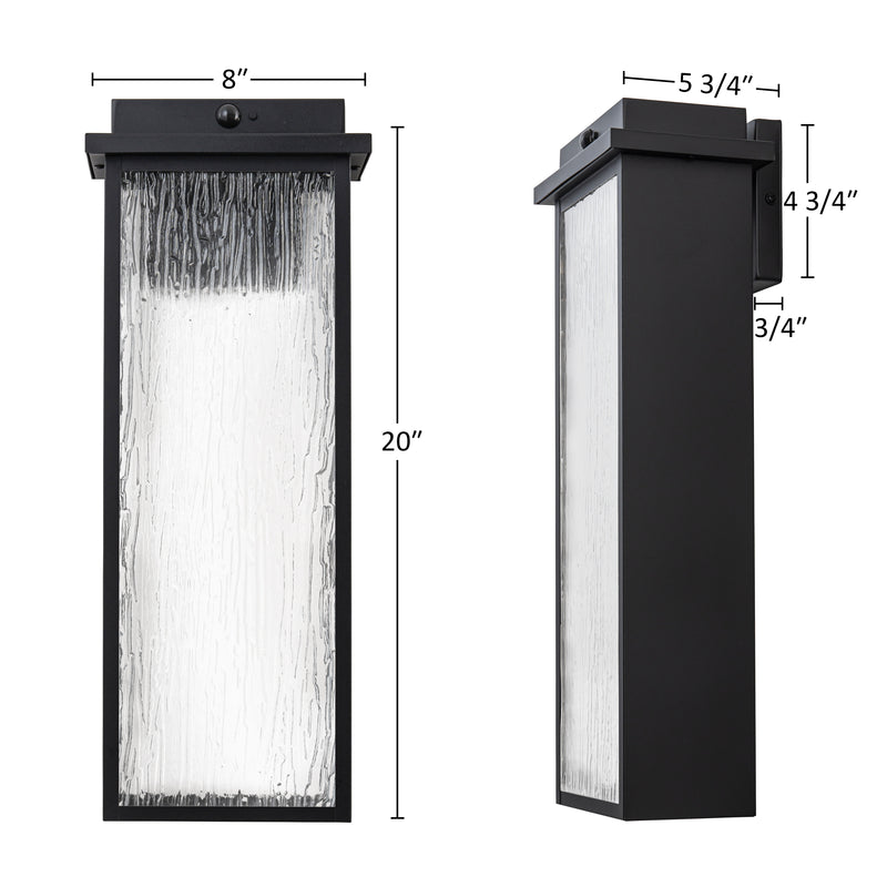Black Motion Sensor LED Outdoor Wall Light with Ripple Glass( 2-Pack)