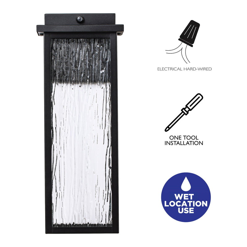 2 Pack Matte Black LED Outdoor Wall Light with Ripple Tempered Glass