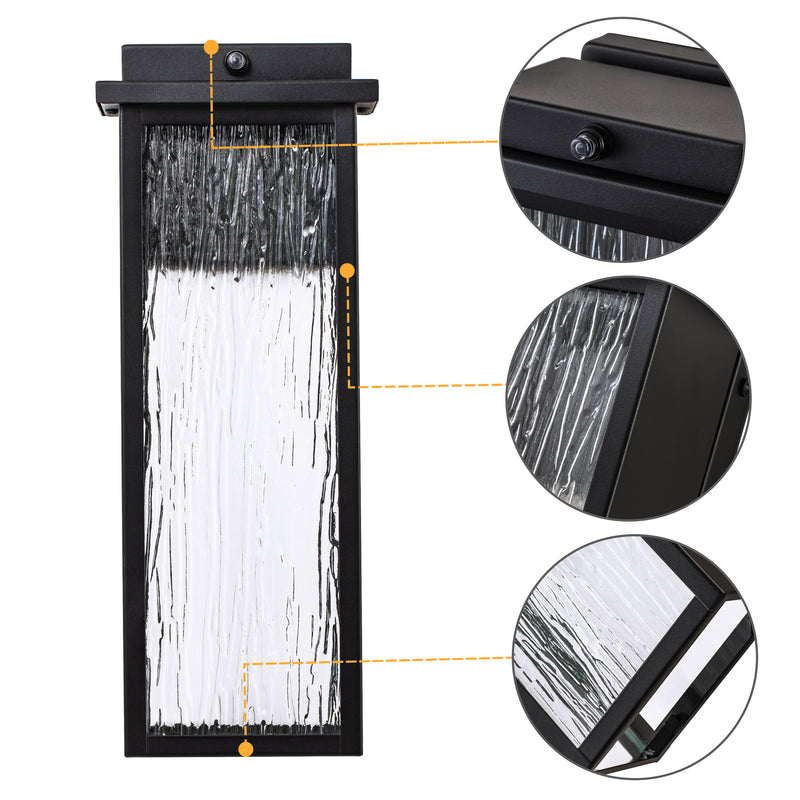 2 Pack Matte Black LED Outdoor Wall Light with Ripple Tempered Glass